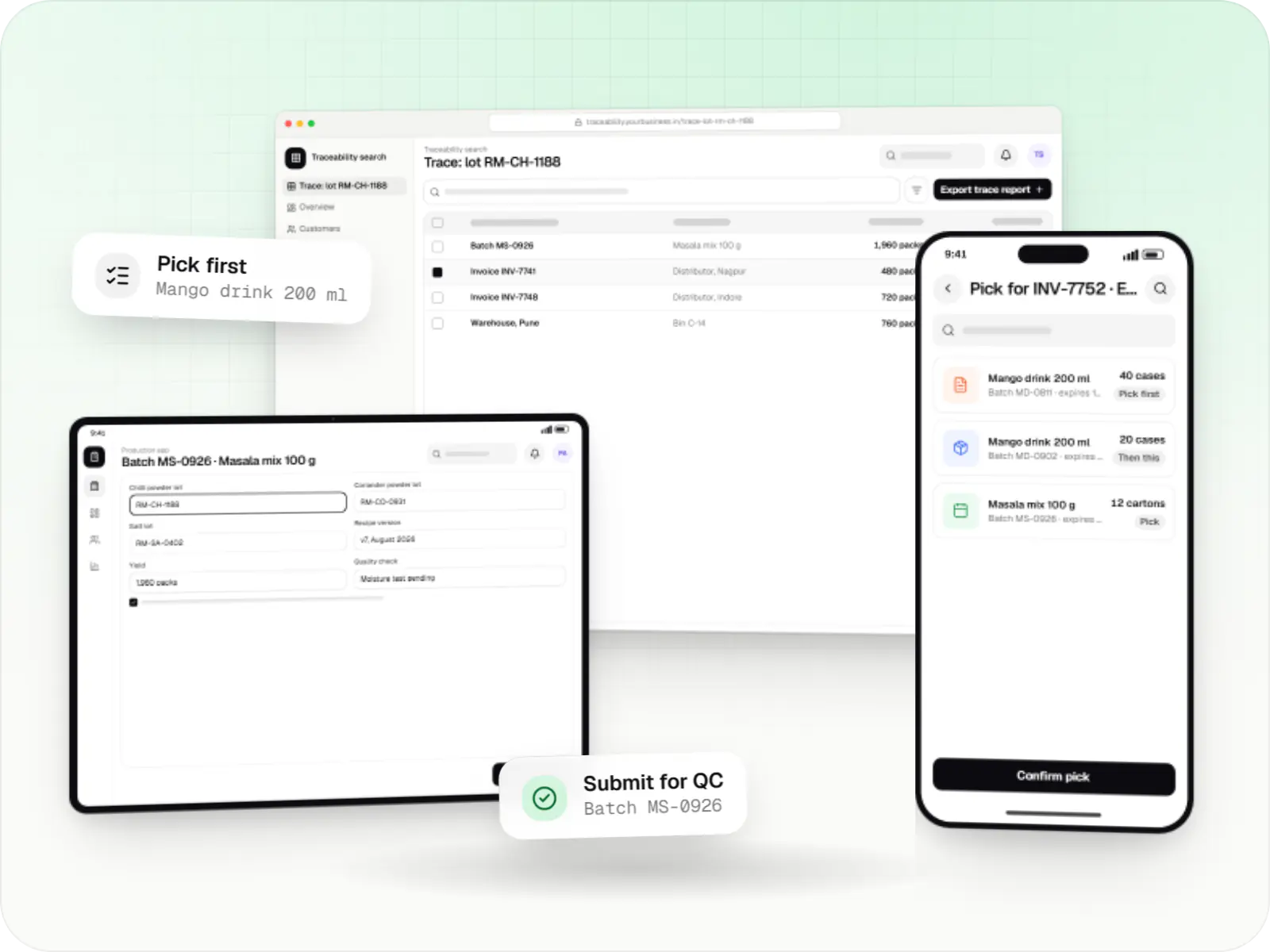 Food and beverage software screens: traceability search in a browser, production app on a tablet and warehouse app on a phone