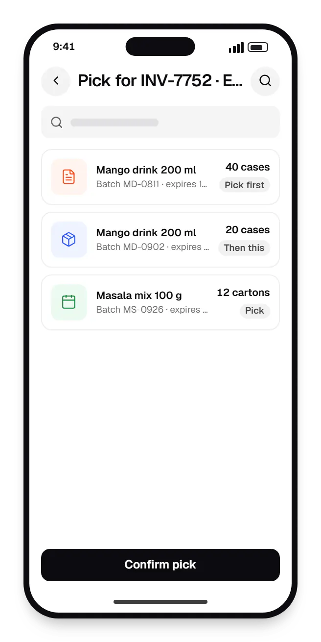Food and beverage software warehouse app pick for INV-7752 on a phone, with 3 entries