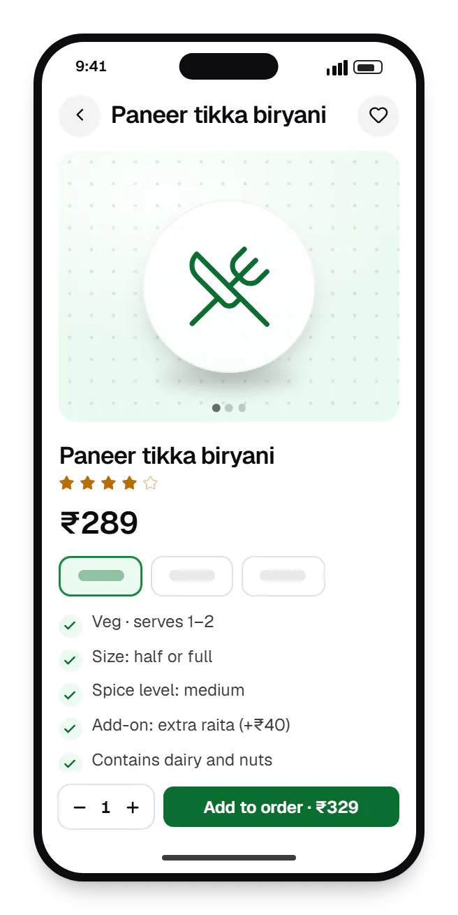 Food delivery customer app product page on a phone, for paneer tikka biryani, with price and options
