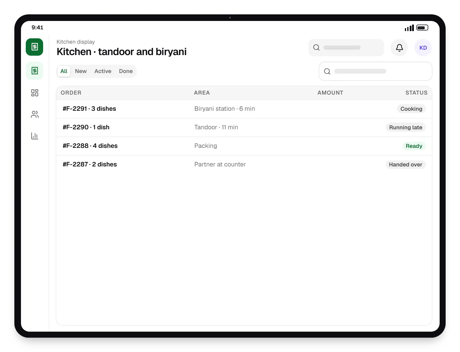 Food delivery app kitchen display order list on a tablet, with 4 orders and their status