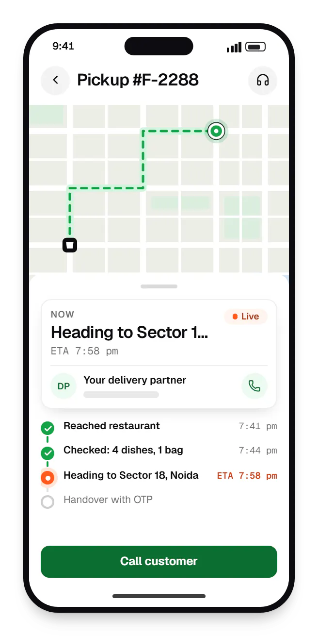 Food delivery partner app order tracking on a phone, with live status steps