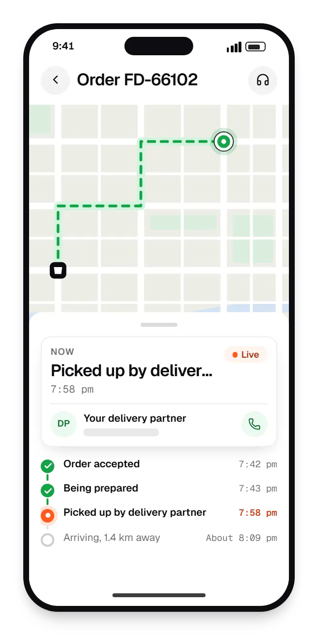 Food delivery software customer app order tracking on a phone, with live status steps
