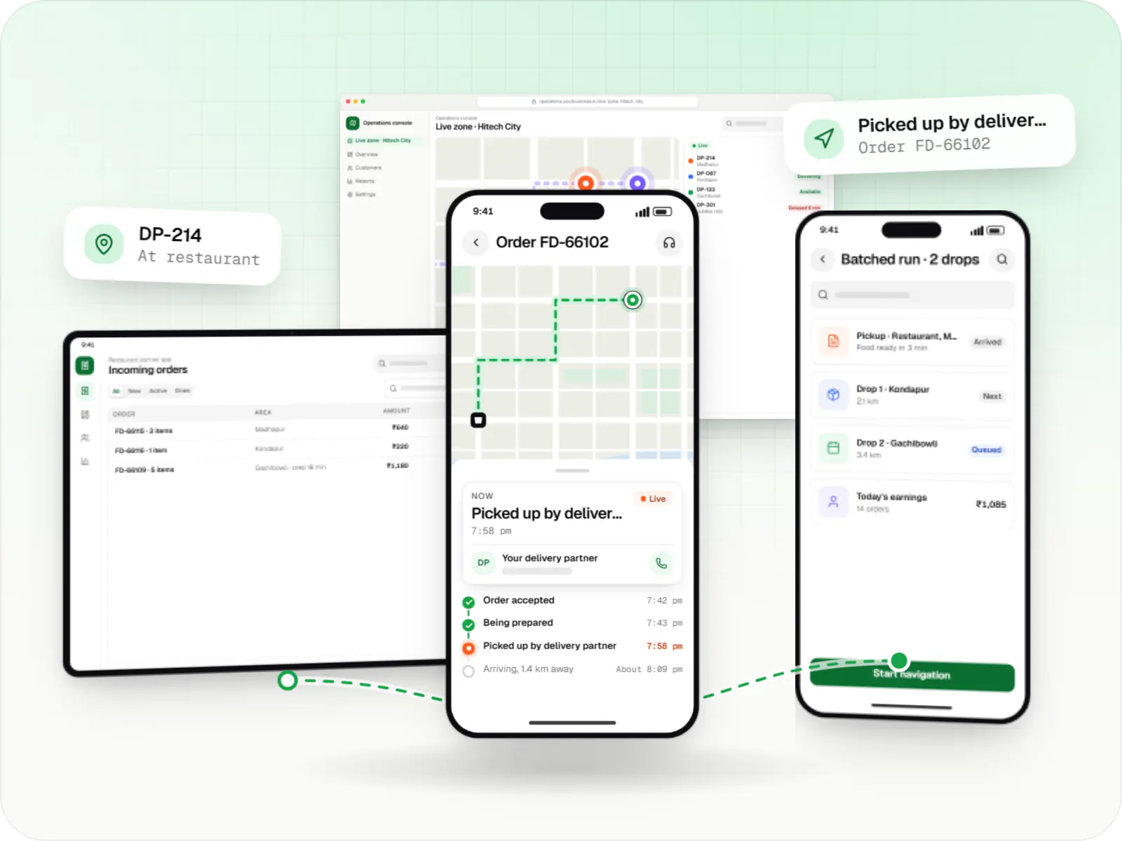 Food delivery software screens: customer app on a phone and restaurant partner app on a tablet