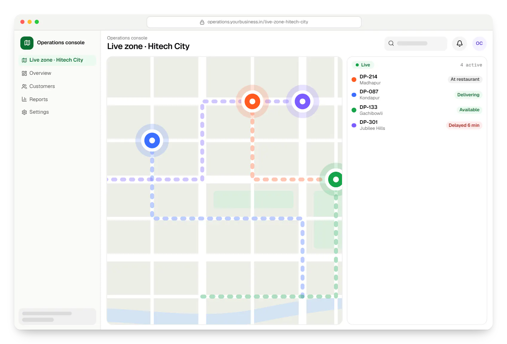 Food delivery software operations console route map in a web browser, with stops and live positions