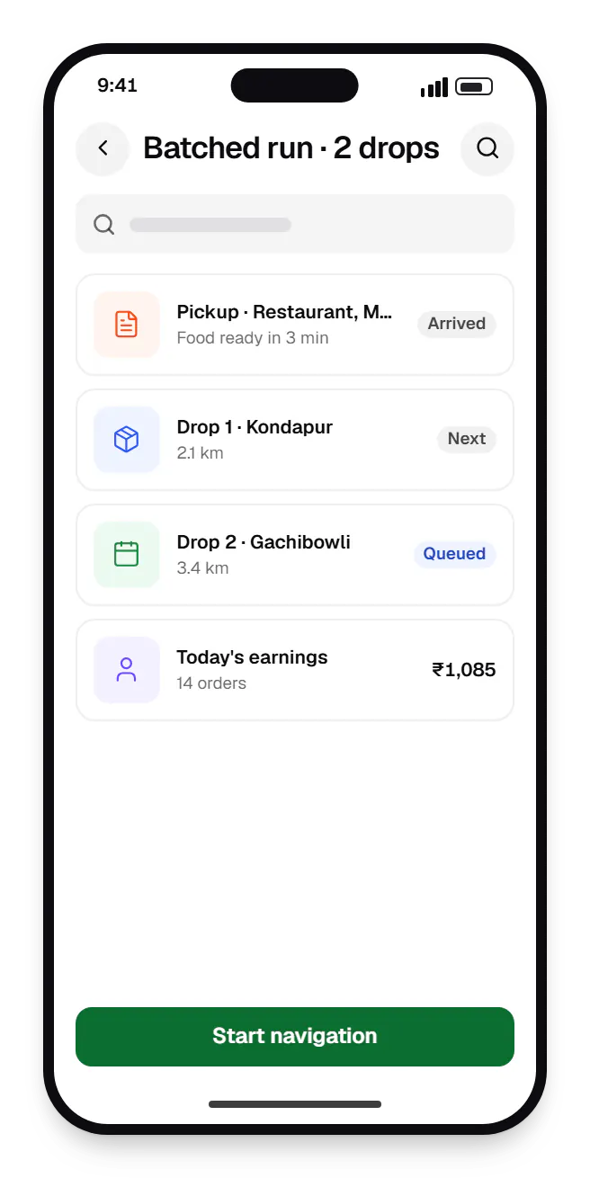 Food software delivery partner app batched run on a phone, with 4 entries