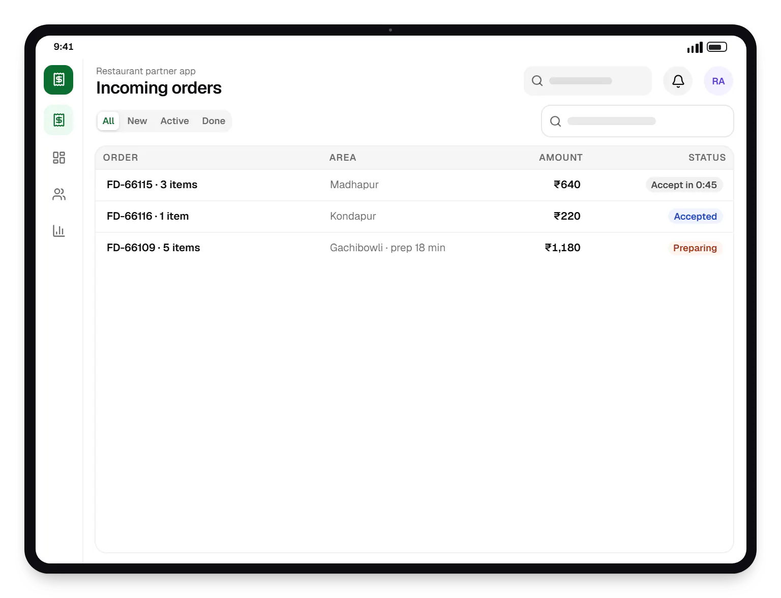 Food delivery software restaurant partner app order list on a tablet, with 3 orders and their status