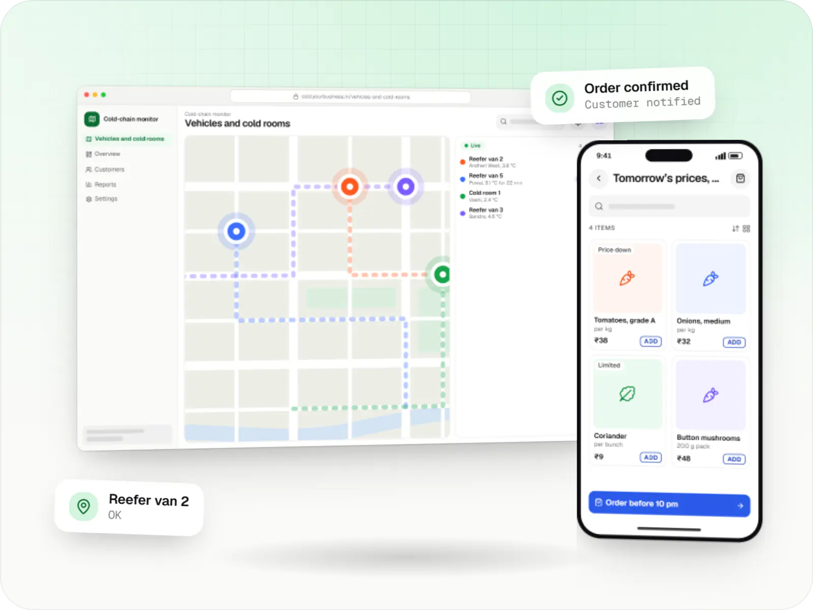 Food supply chain software screens: cold-chain monitor in a browser and B2B ordering app on a phone
