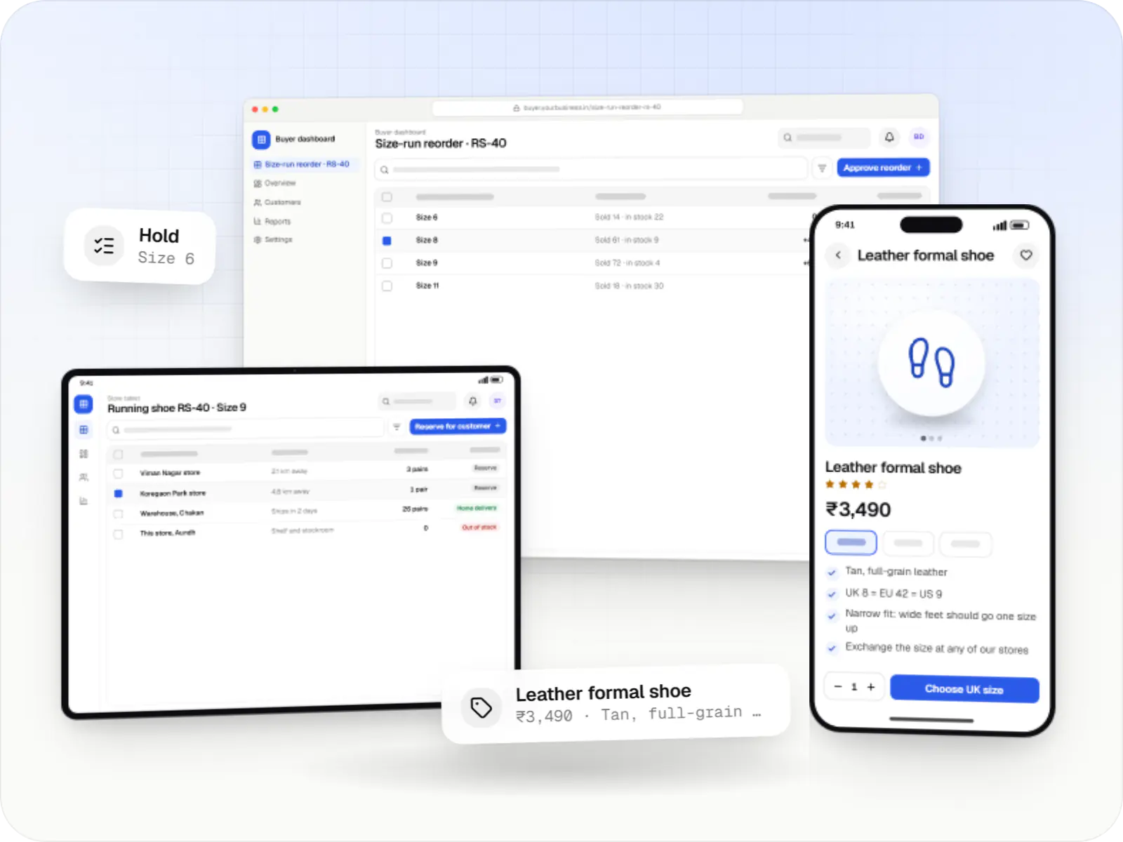 Footwear software screens: buyer dashboard in a browser, store tablet and shopper website on a phone