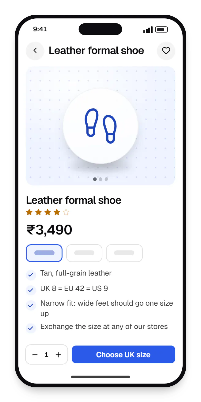 Footwear software shopper website product page on a phone, for leather formal shoe, with price and options