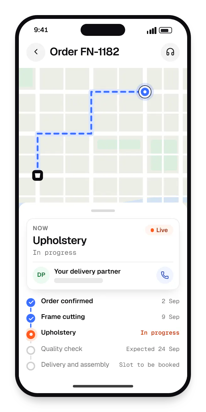 Furniture and home decor software customer order page order tracking on a phone, with live status steps