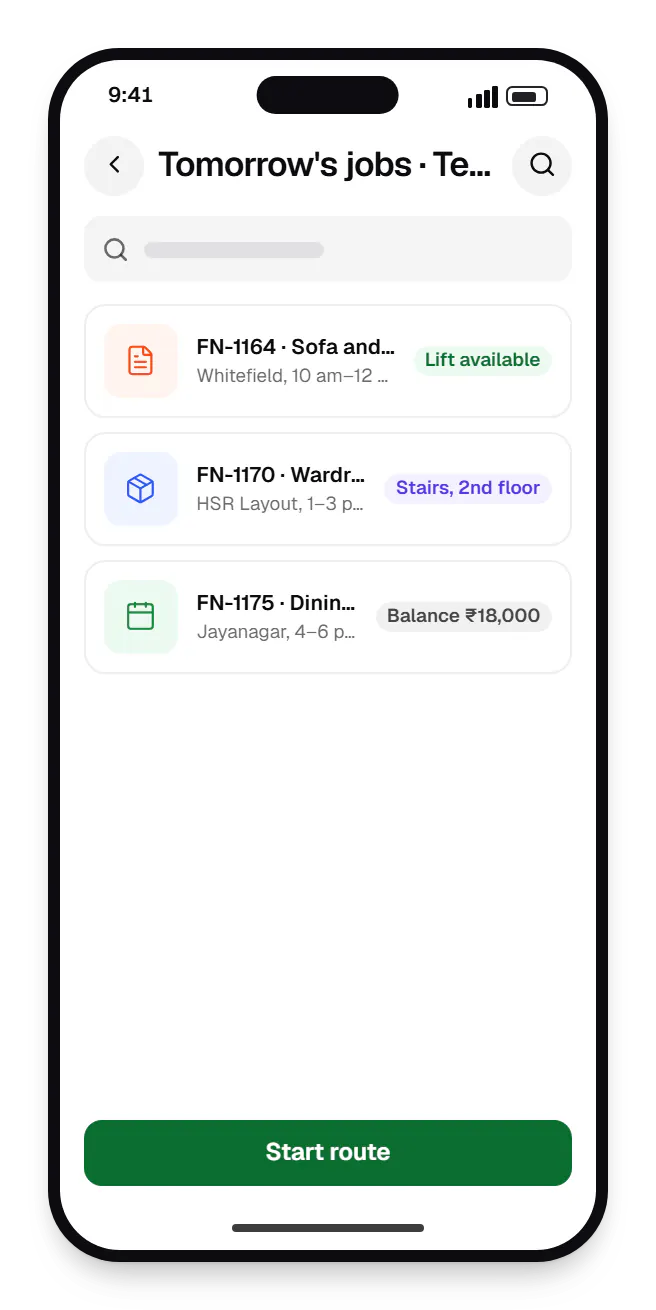 Furniture and home decor software delivery team app tomorrow's jobs on a phone, with 3 entries