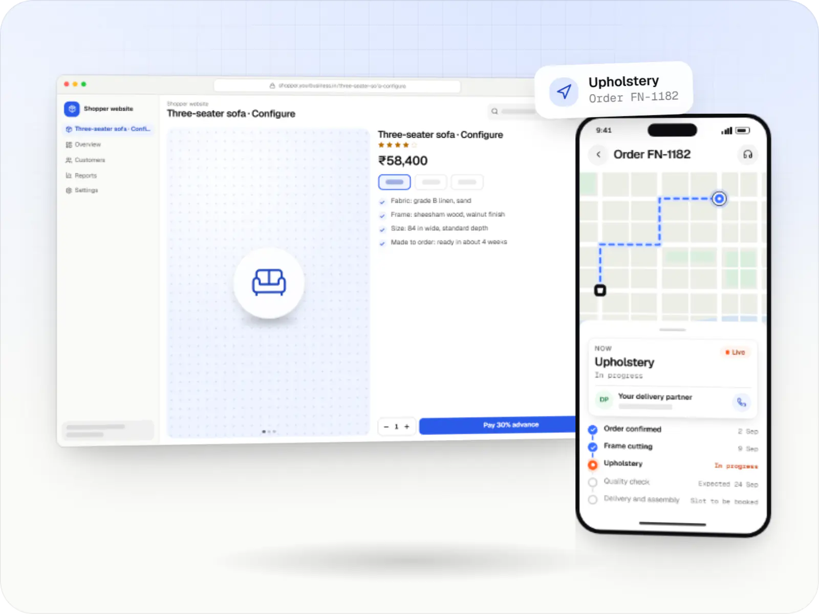 Furniture and home decor software screens: storefront catalogue in a browser and customer order page on a phone