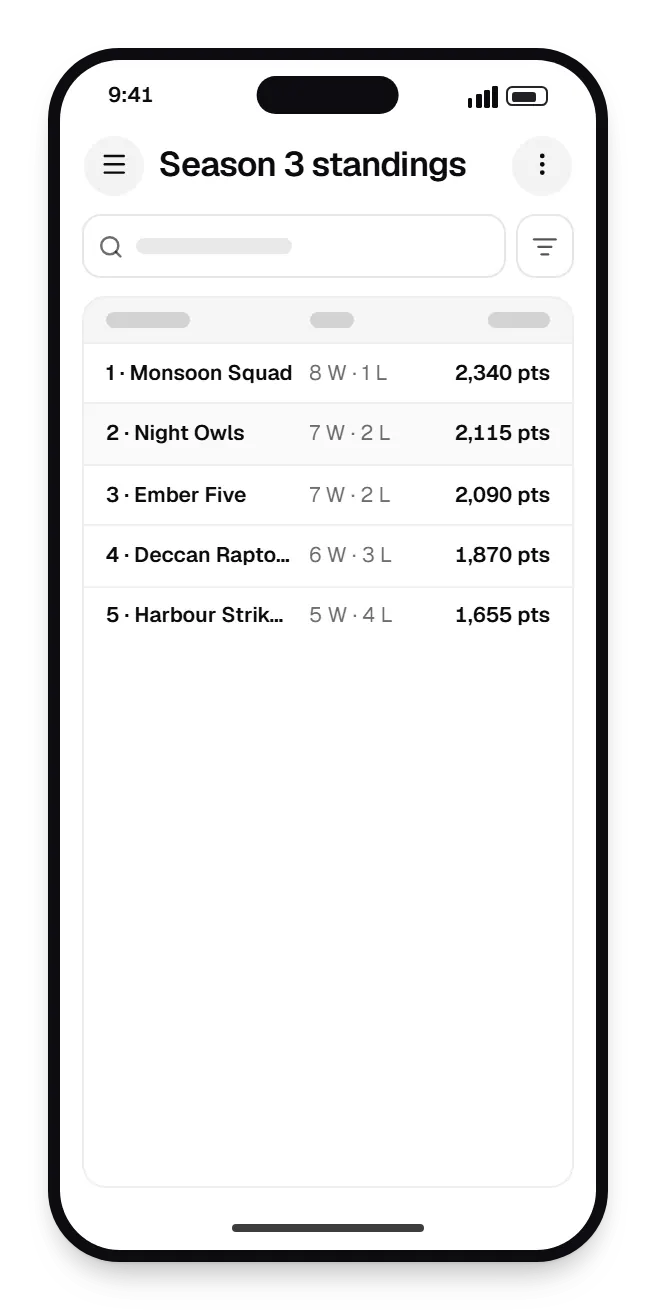 Gaming software companion app season 3 standings table on a phone, with 5 rows and status labels