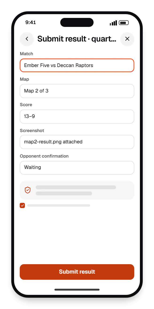 Gaming software companion app submit result on a phone, with input fields and an action button