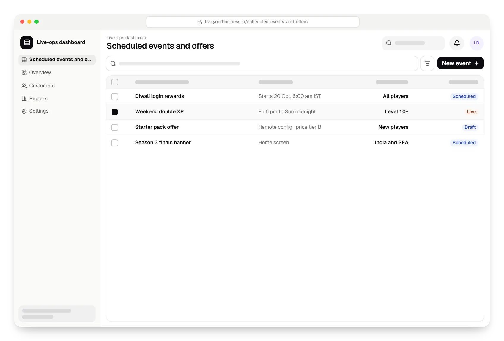 Gaming software live-ops dashboard scheduled events and offers table in a web browser, with 4 rows and status labels
