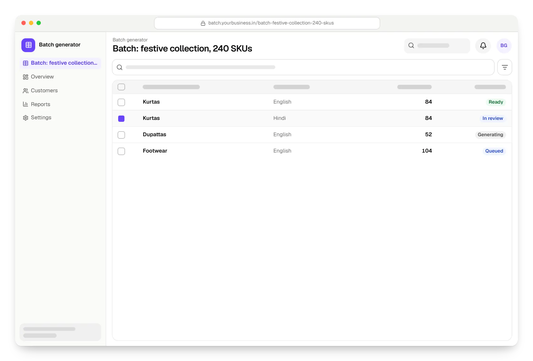 Generative AI batch generator batch: festive collection, 240 SKUs table in a web browser, with 4 rows and status labels