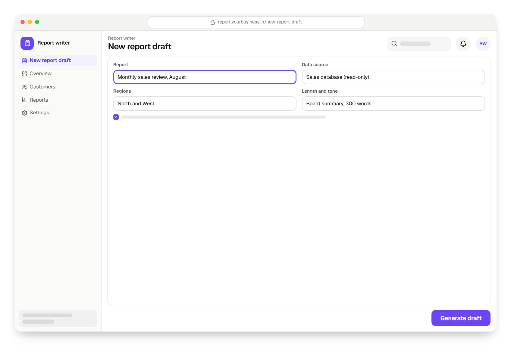 Generative AI report writer new report draft in a web browser, with input fields and an action button