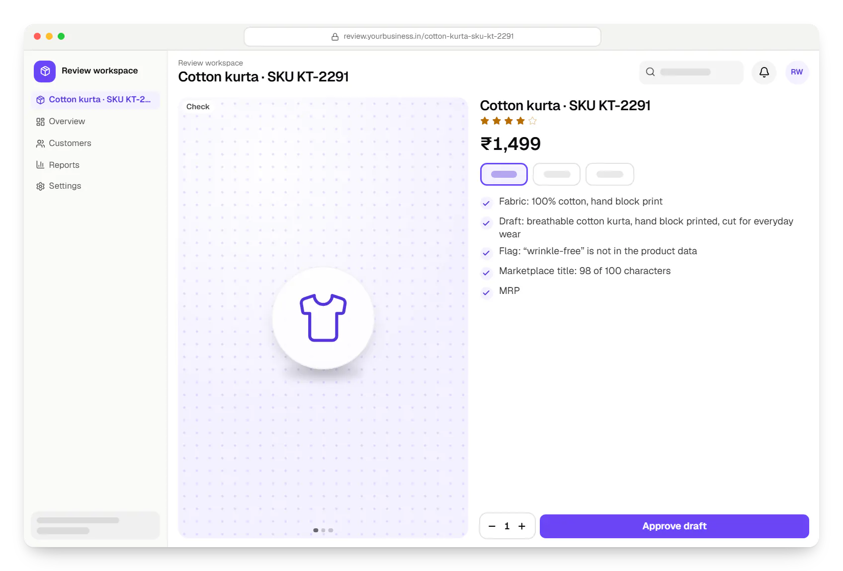 Generative AI review workspace product page in a web browser, for cotton kurta, with price and options