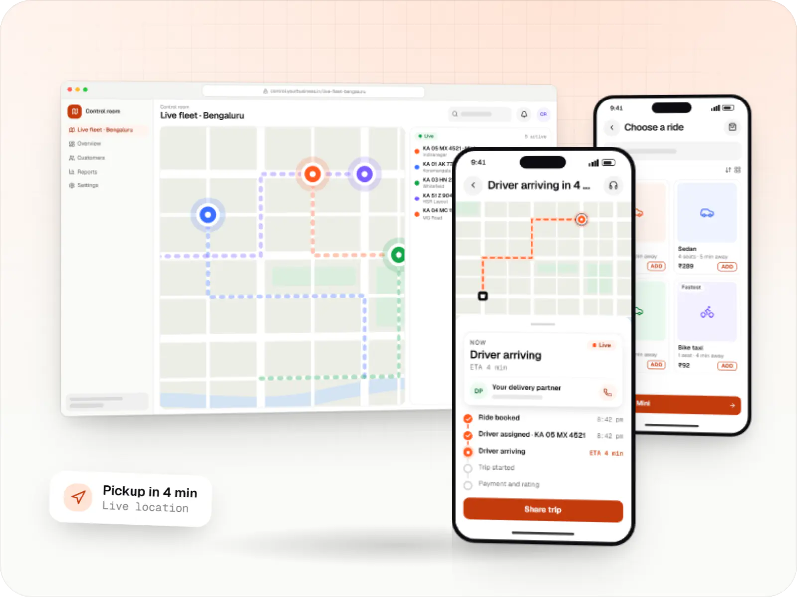 Maps built with Google Maps Platform: a live fleet map in a browser and ride tracking on two phones