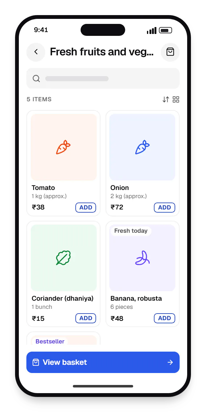 Grocery and supermarket software customer app catalogue on a phone, showing fresh fruits and vegetables with prices