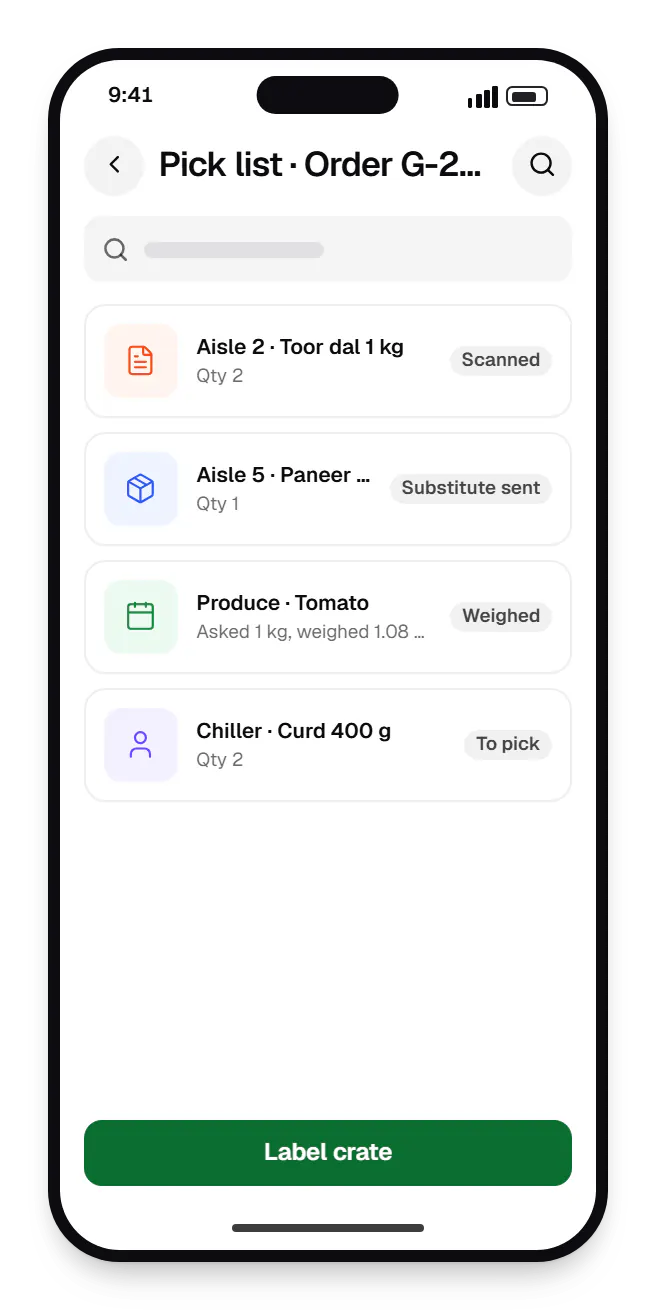 Grocery and supermarket software picker app pick list on a phone, with 4 entries
