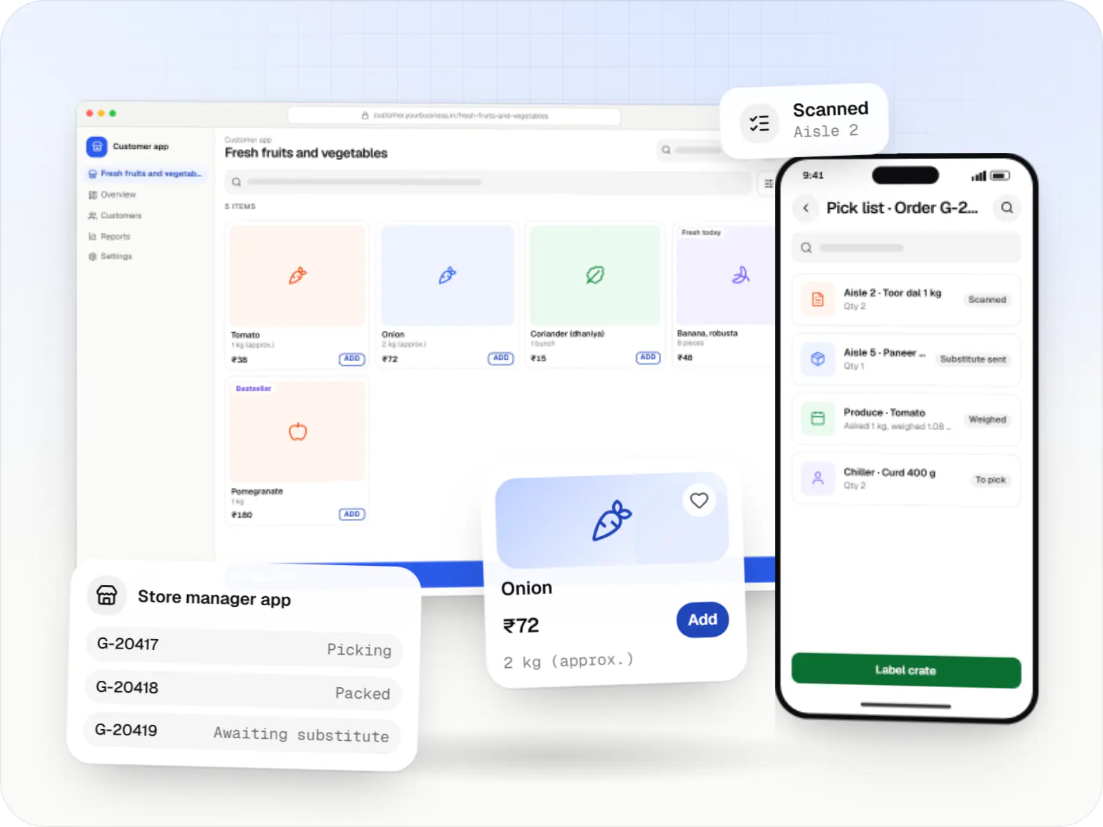 Grocery and supermarket software screens: storefront catalogue in a browser, picker app on a phone and a seller orders card