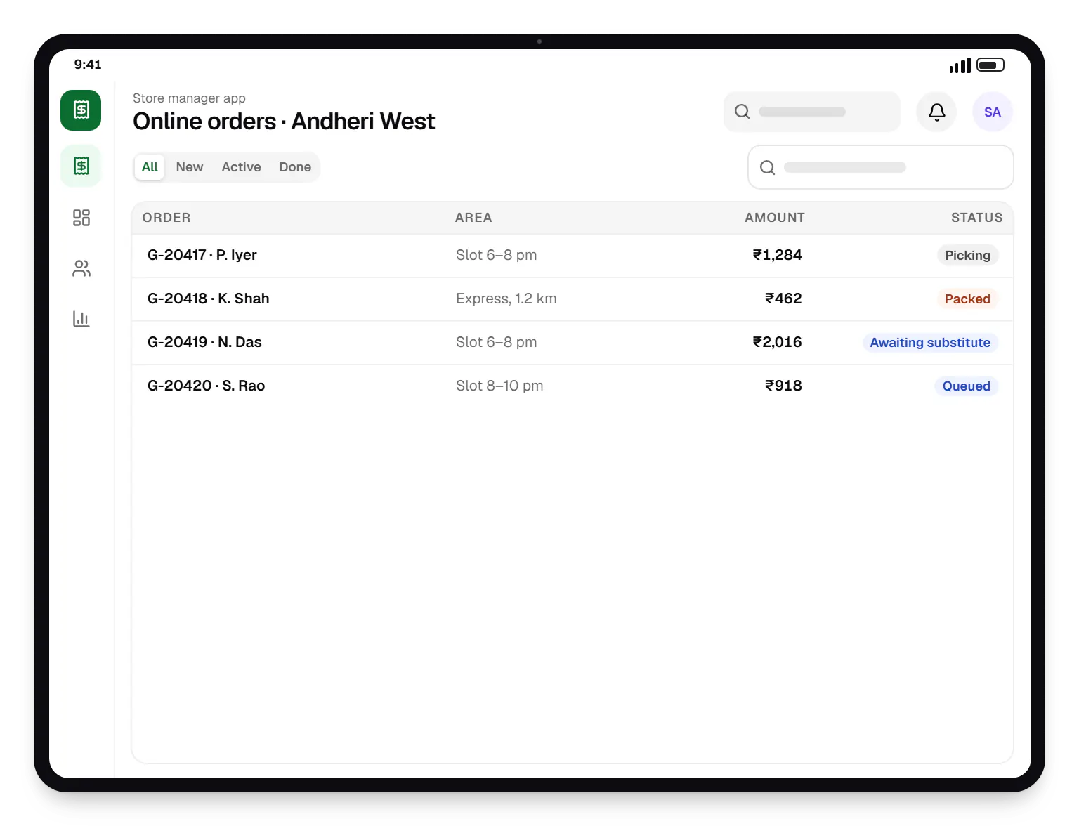 Grocery and supermarket software store manager app order list on a tablet, with 4 orders and their status