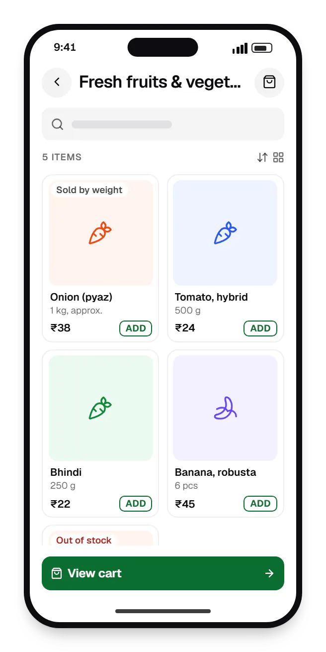 Grocery delivery customer app catalogue on a phone, showing fresh fruits and vegetables with prices