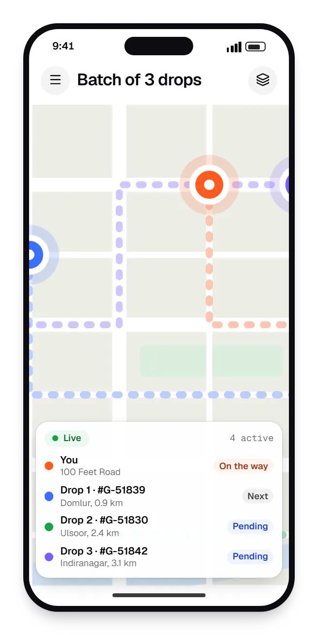 Grocery delivery partner app route map on a phone, with stops and live positions