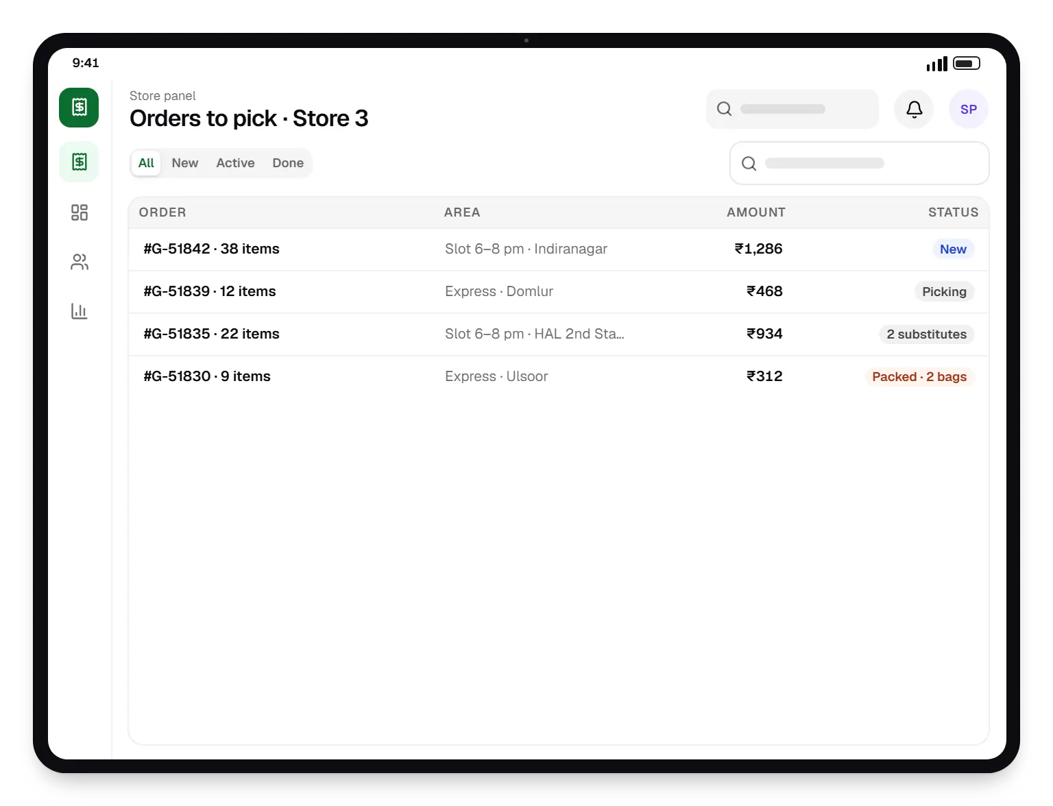 Grocery delivery app store panel order list on a tablet, with 4 orders and their status