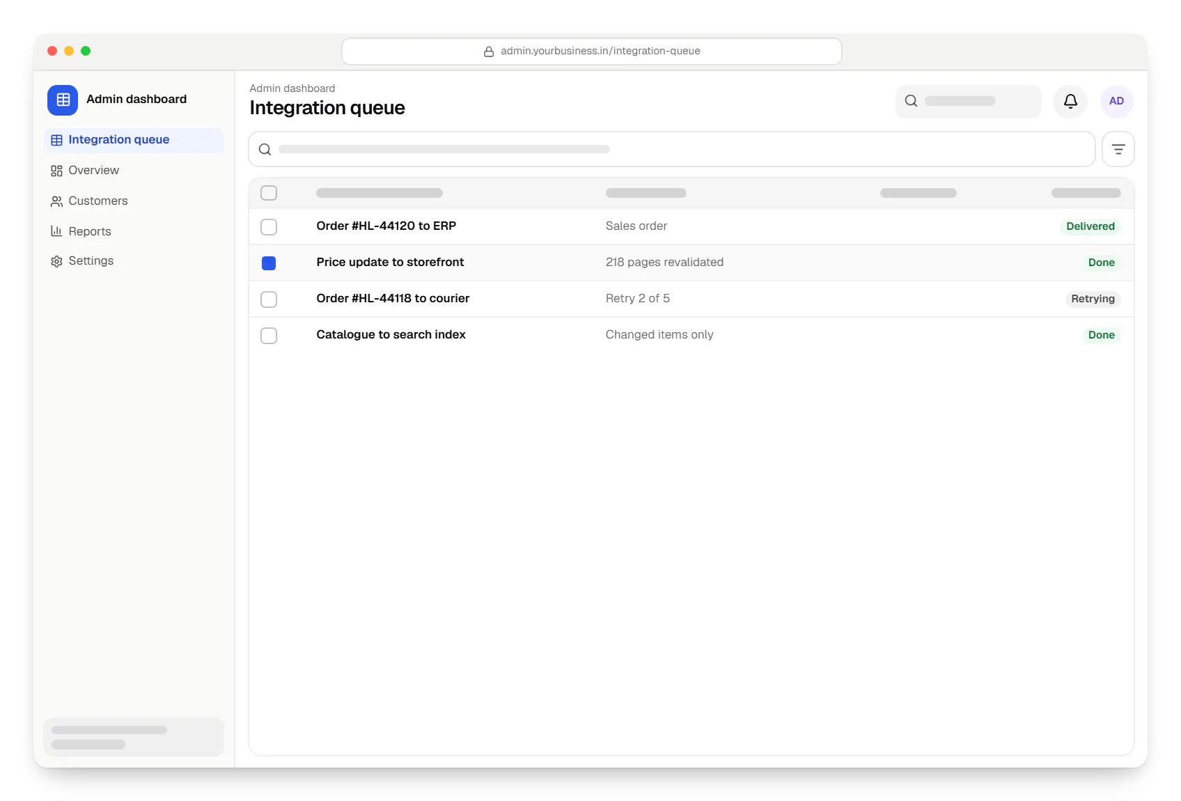 Headless commerce admin dashboard integration queue table in a web browser, with 4 rows and status labels