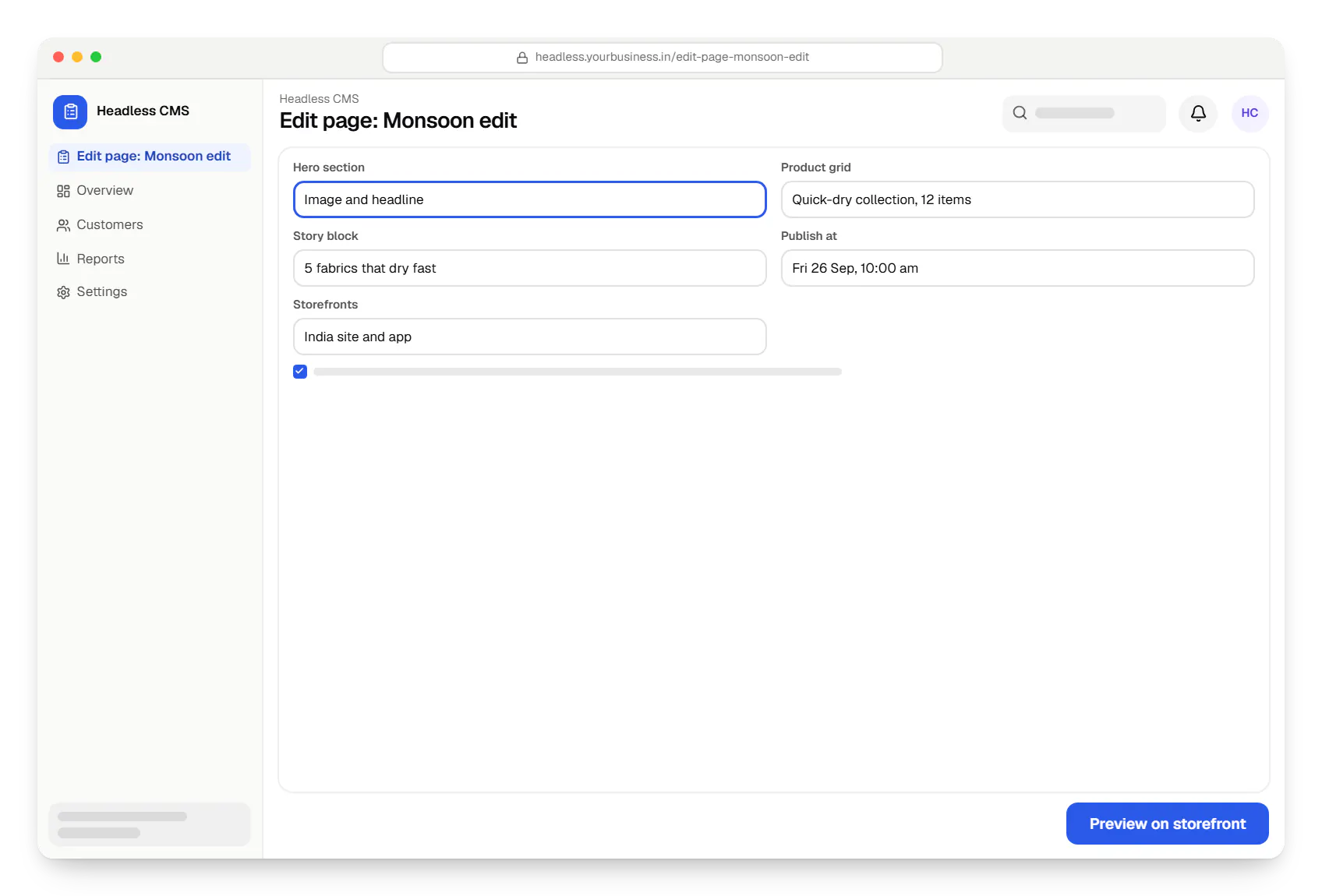 Commerce headless CMS edit page: monsoon edit in a web browser, with input fields and an action button