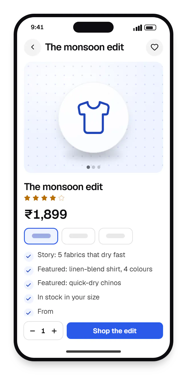 Headless commerce storefront product page on a phone, for the monsoon edit, with price and options