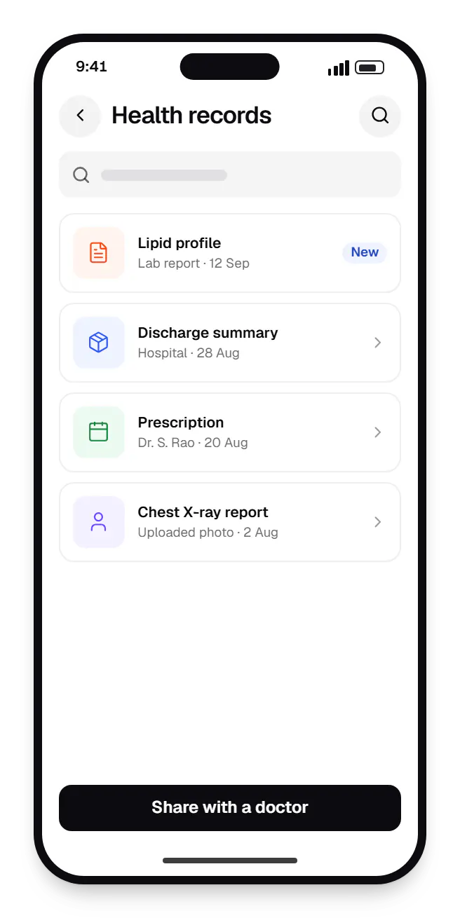 Healthcare patient app health records on a phone, with 4 entries