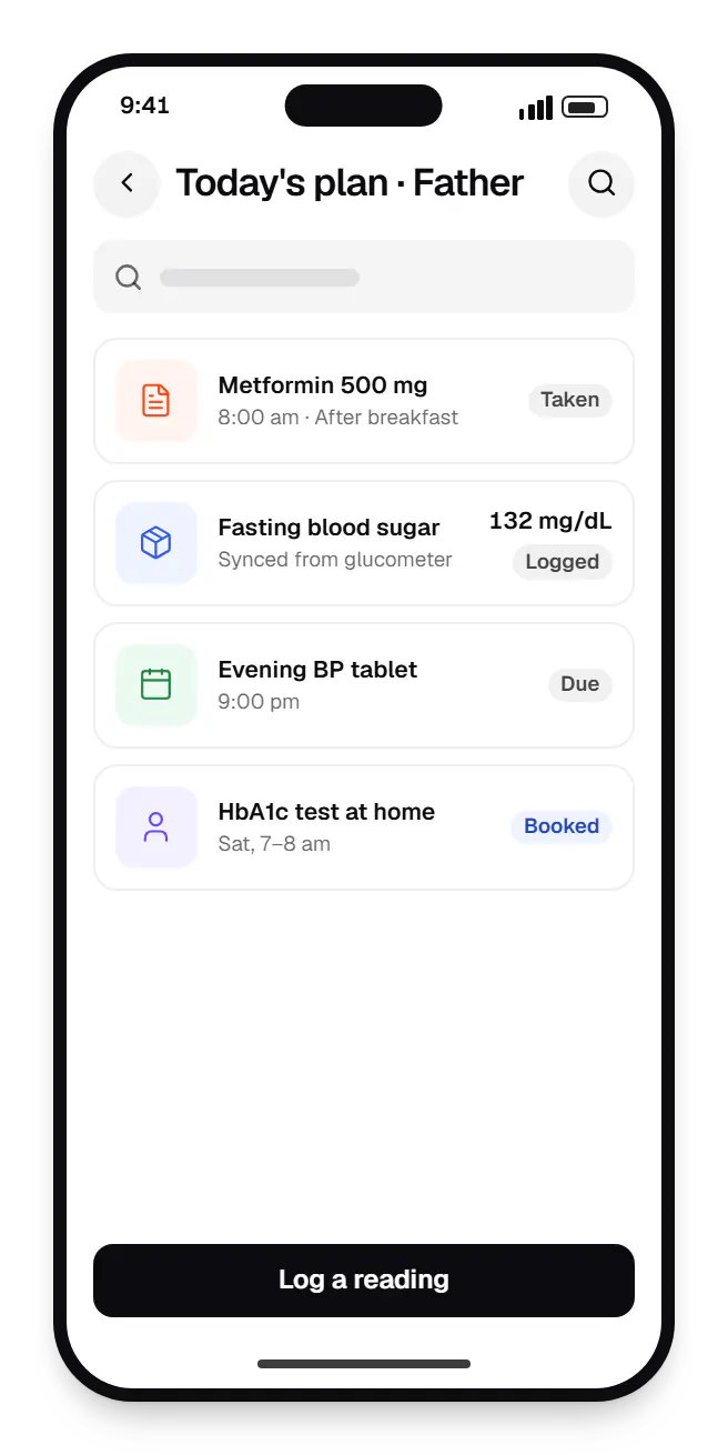 Healthcare patient app today's plan on a phone, with 4 entries