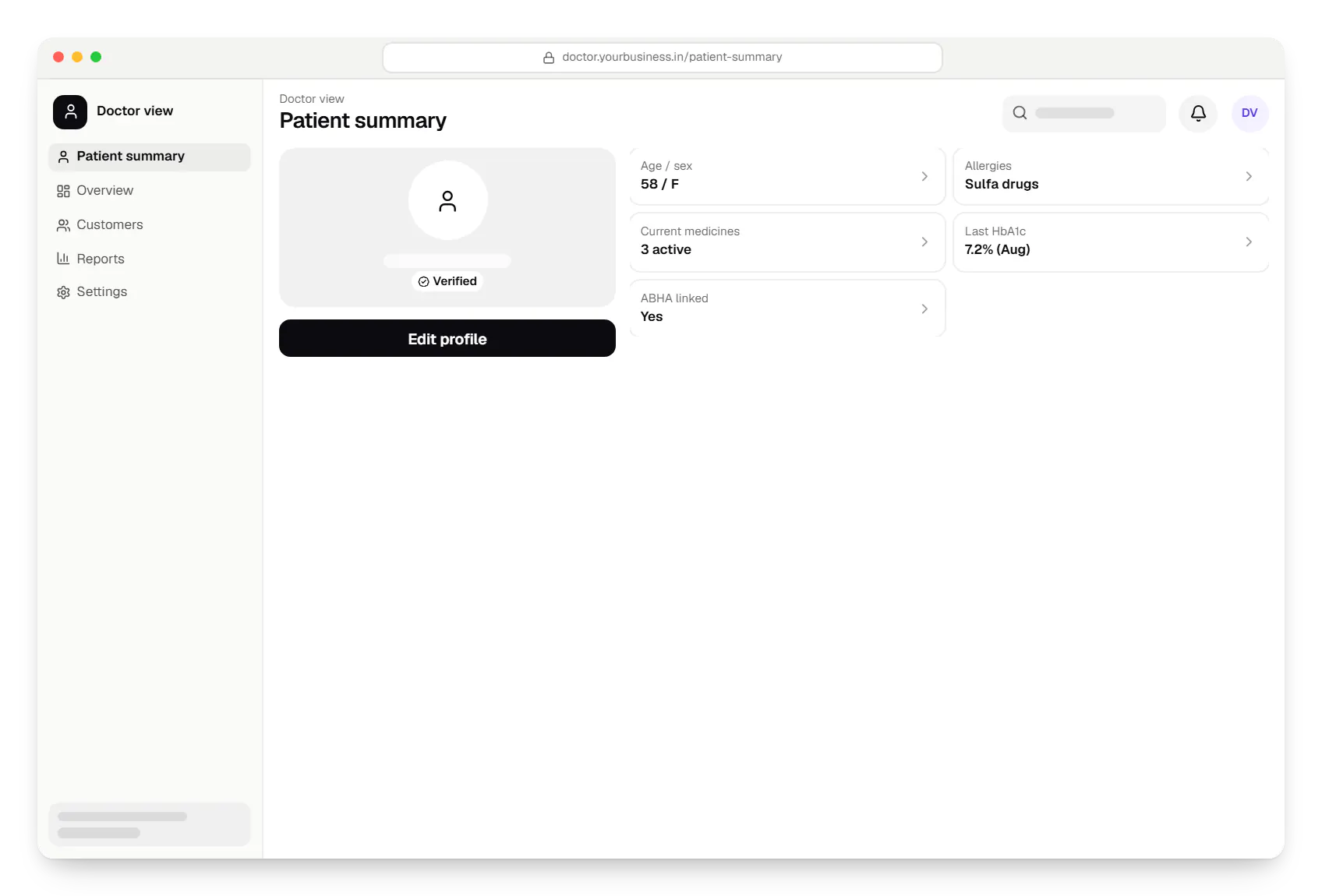 Healthcare software doctor view profile in a web browser, with account details