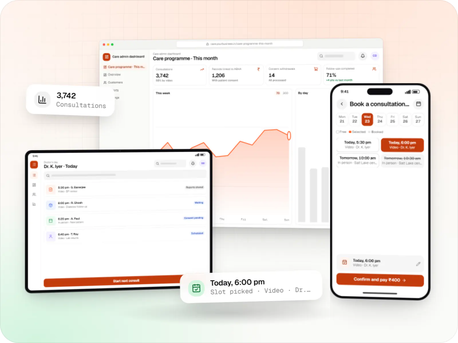 Healthcare software screens: care admin dashboard in a browser and doctor's day dr. K. iyer on a tablet