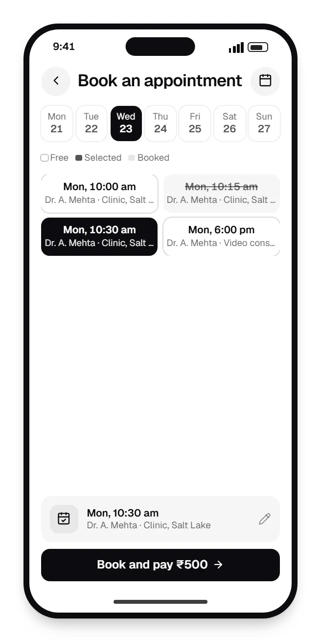 Healthcare software patient app booking slots on a phone, with open time slots