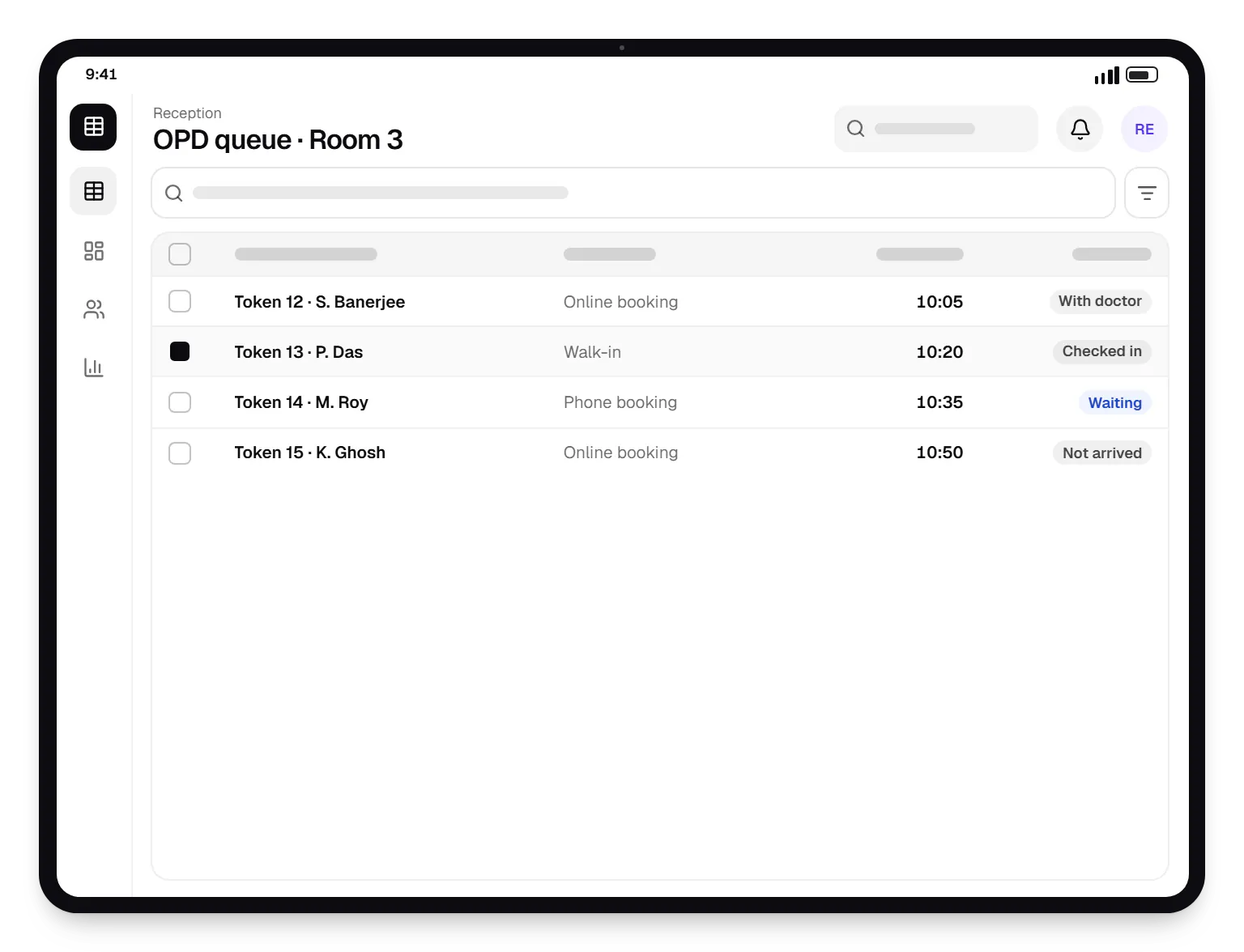 Healthcare software reception OPD queue table on a tablet, with 4 rows and status labels