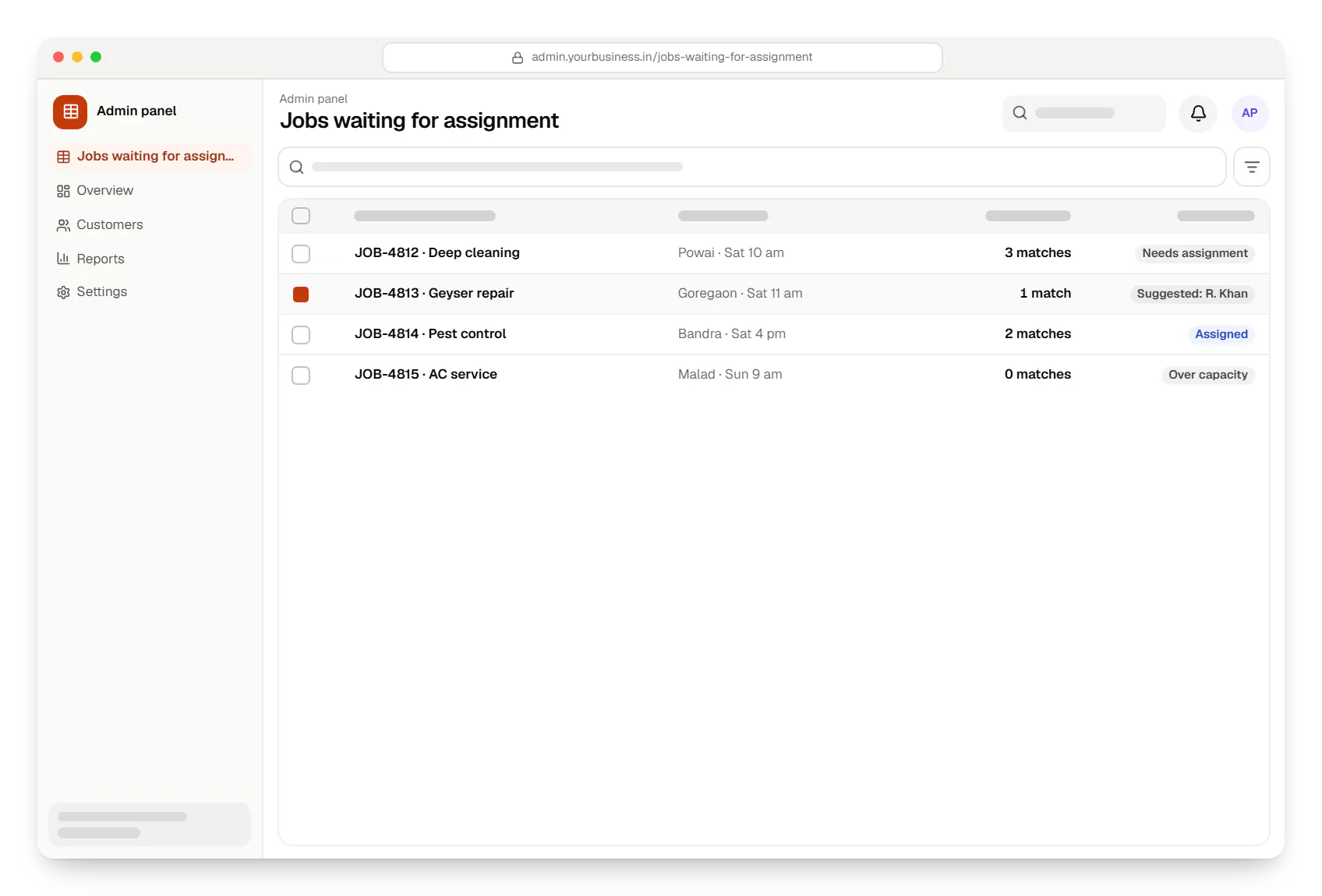 Home services app admin panel jobs waiting for assignment table in a web browser, with 4 rows and status labels