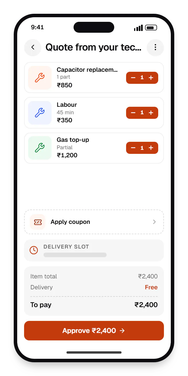 Home services customer app cart on a phone, with 3 items and the order total