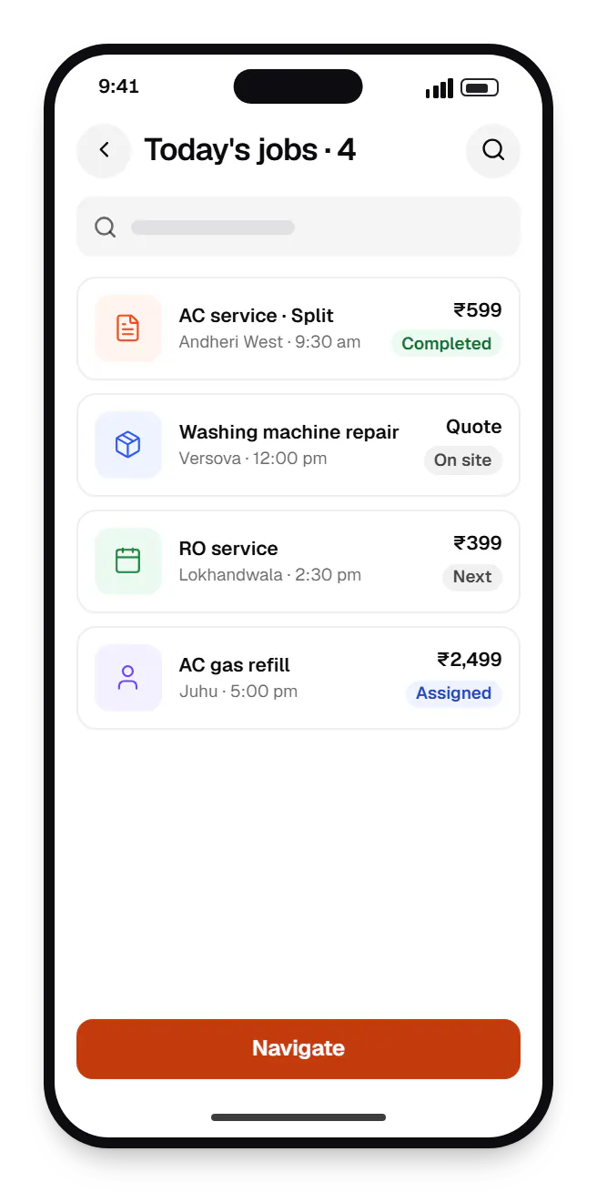 Home services technician app today's jobs on a phone, with 4 entries