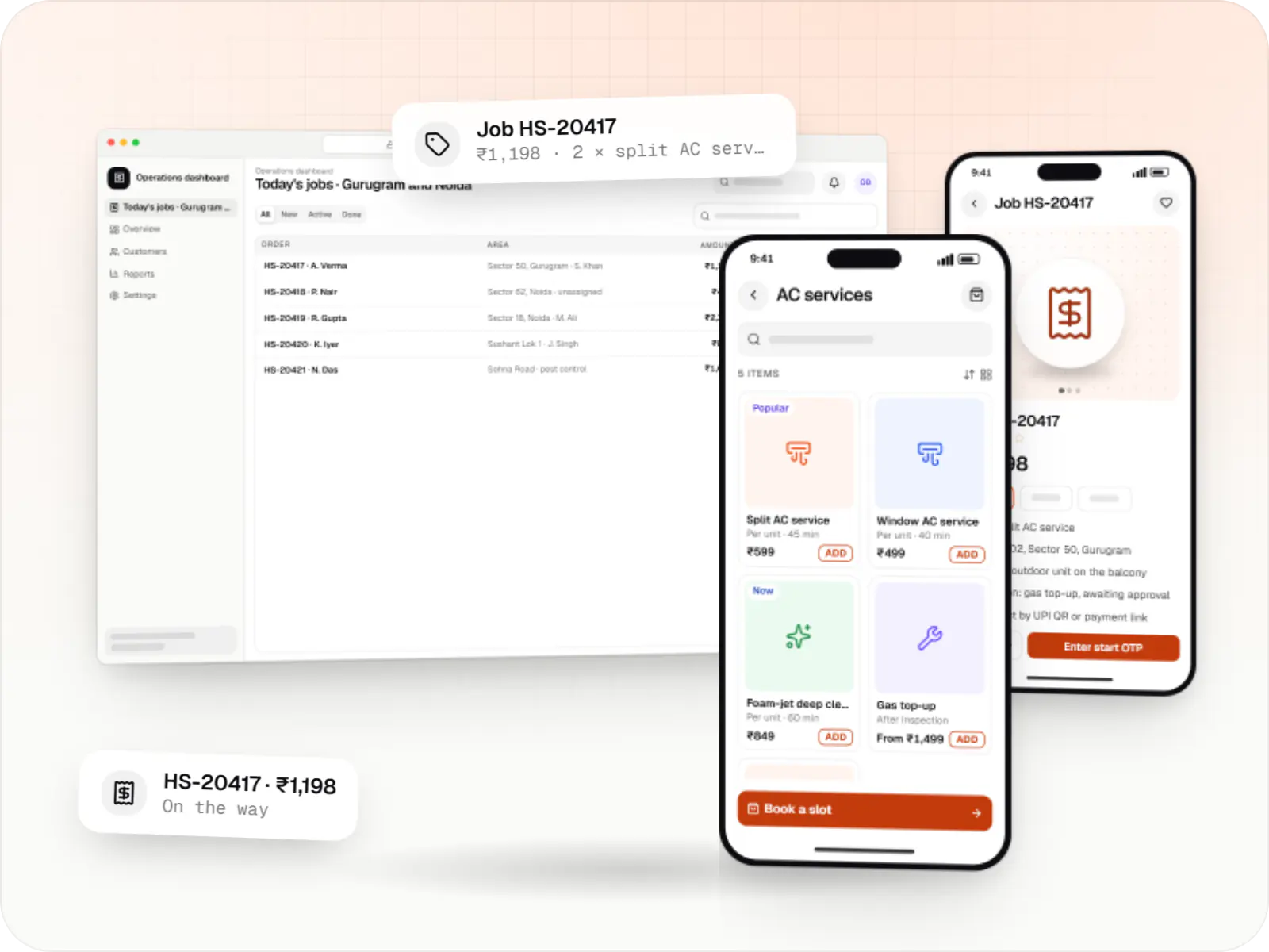 Home services software screens: operations dashboard in a browser, customer app on a phone and technician app on a phone
