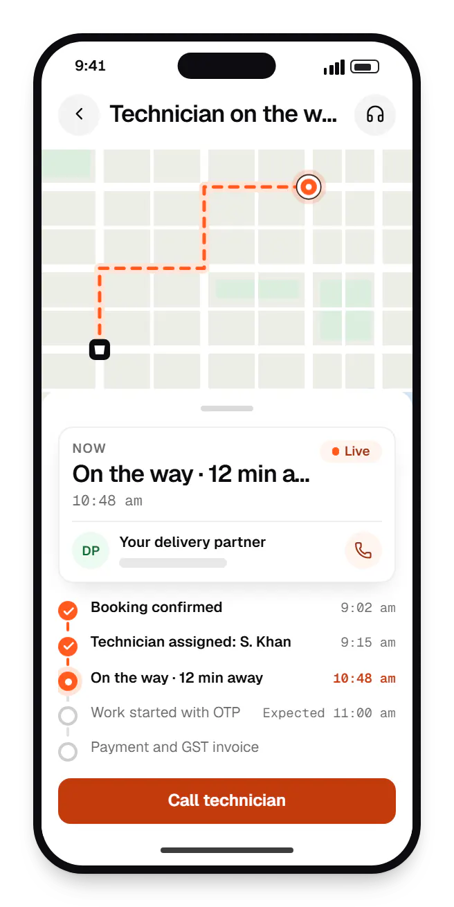 Home services software customer app order tracking on a phone, with live status steps