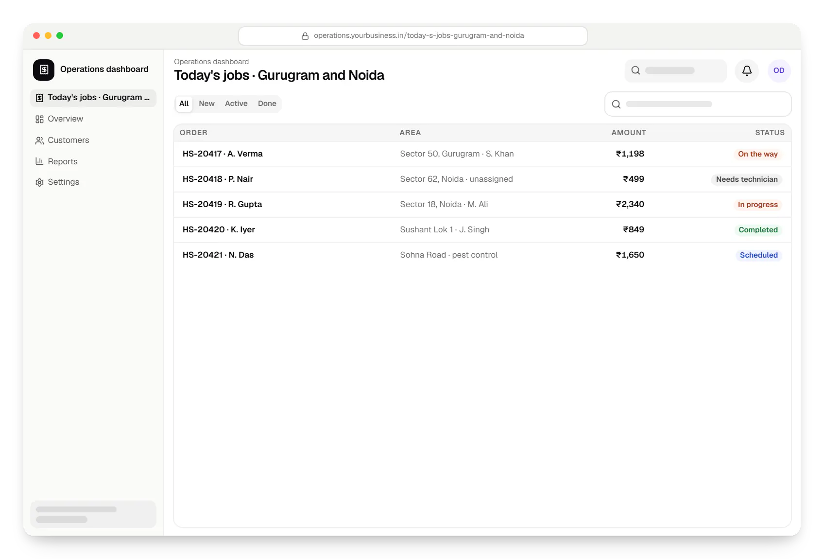 Home services software operations dashboard order list in a web browser, with 5 orders and their status