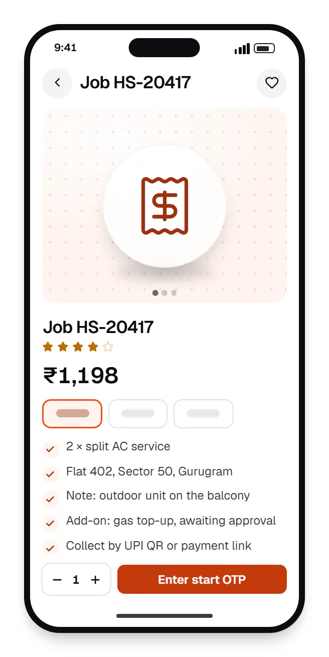 Home services software technician app product page on a phone, for job HS-20417, with price and options