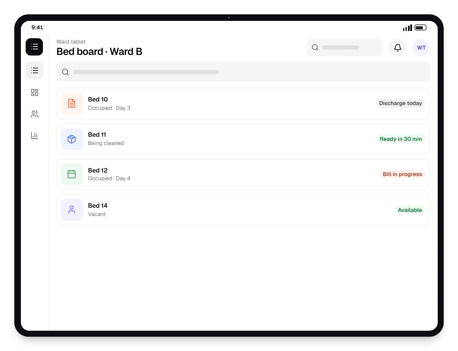 Hospital management software ward tablet bed board on a tablet, with 4 entries