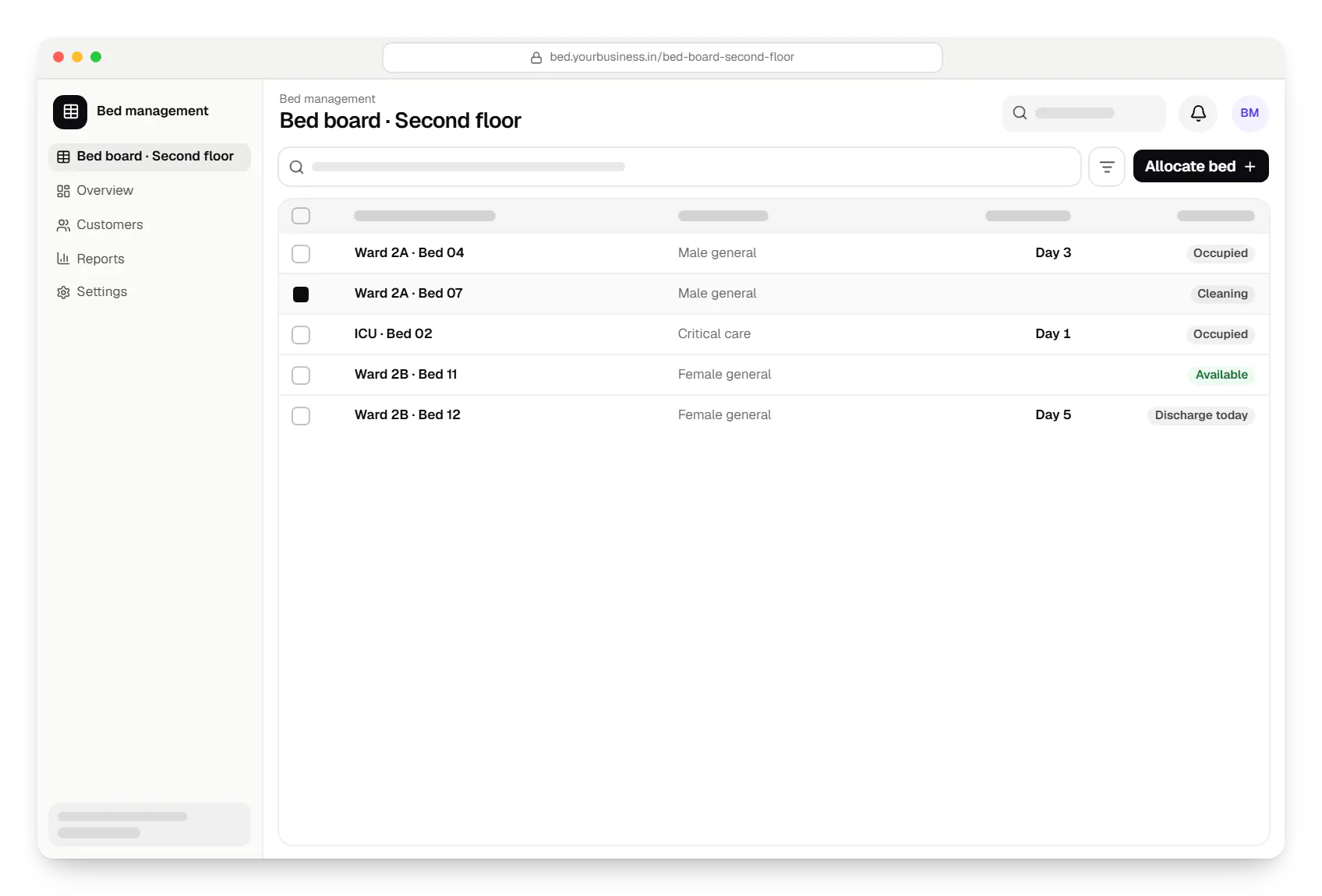 Hospital software bed management bed board table in a web browser, with 5 rows and status labels
