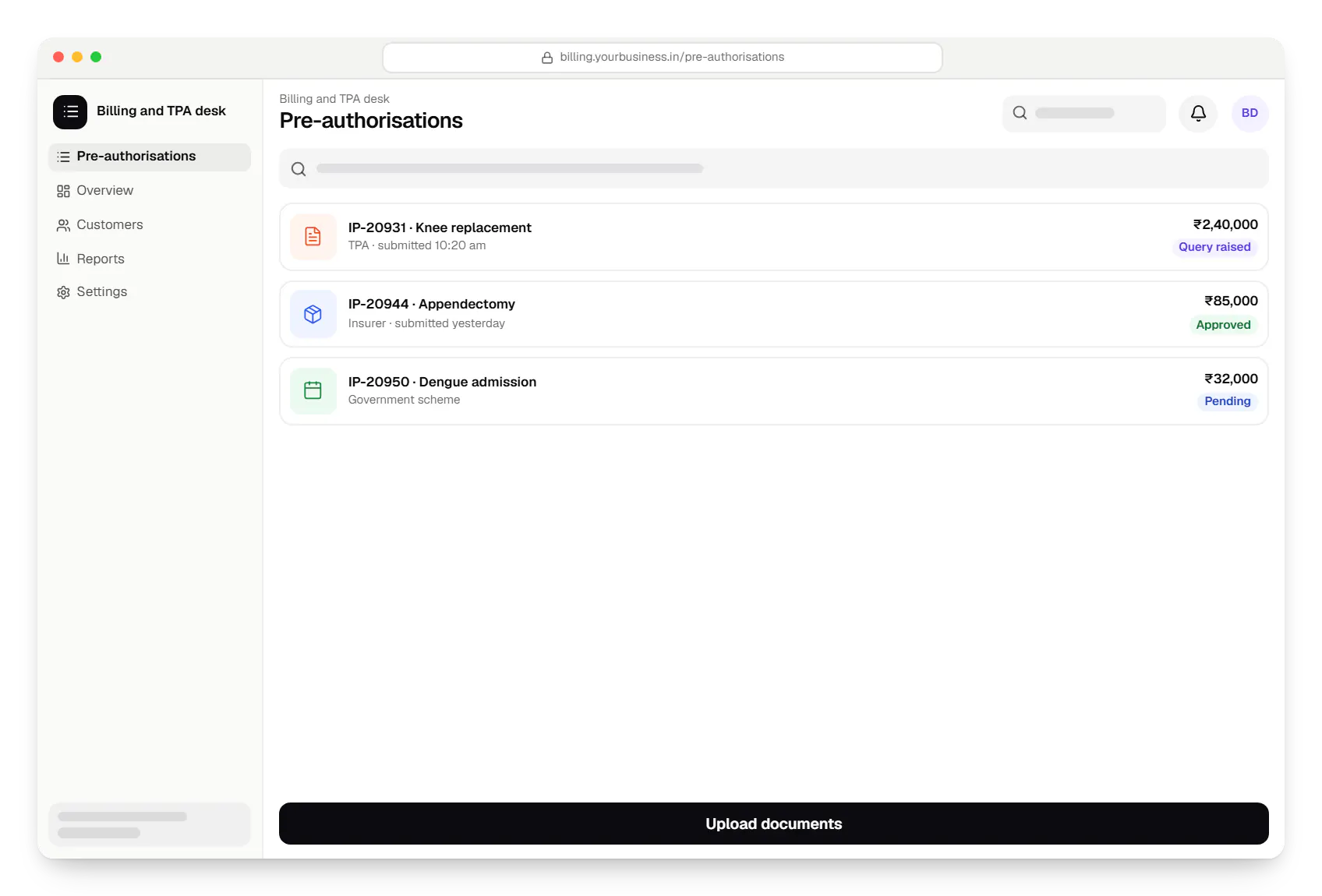 Hospital software billing and TPA desk pre-authorisations in a web browser, with 3 entries