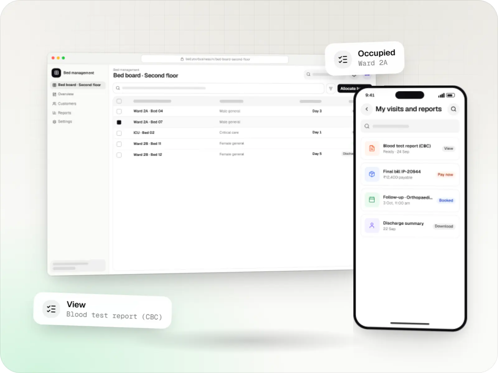 Hospital software screens: bed management bed board table in a browser and patient app on a phone